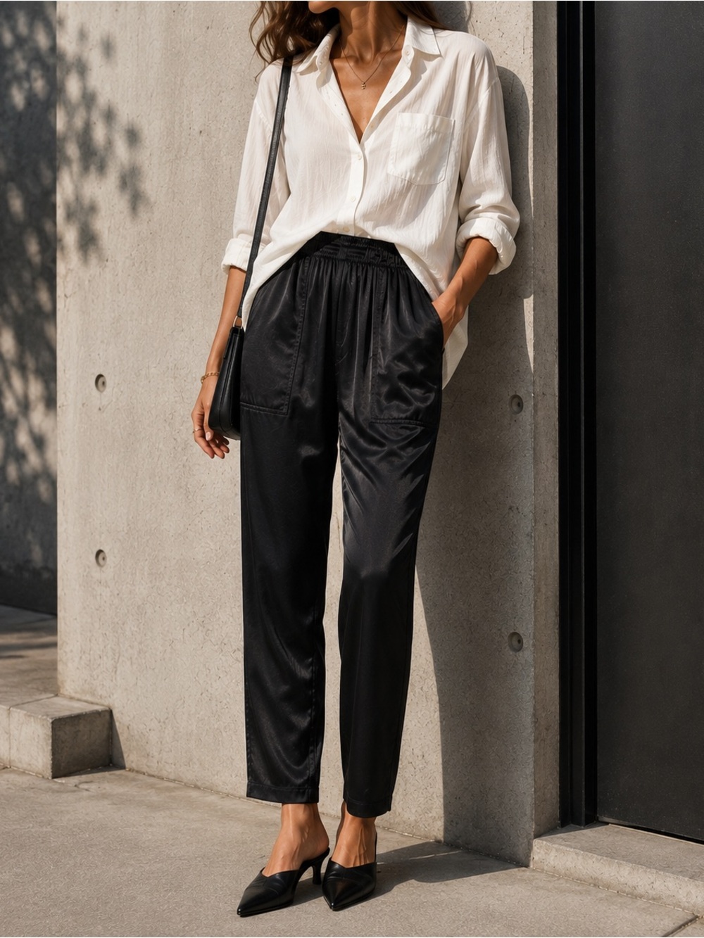 NATION LTD Topanga Cropped Trouser XS Black Satin Rayon USA Utility Pockets Chic